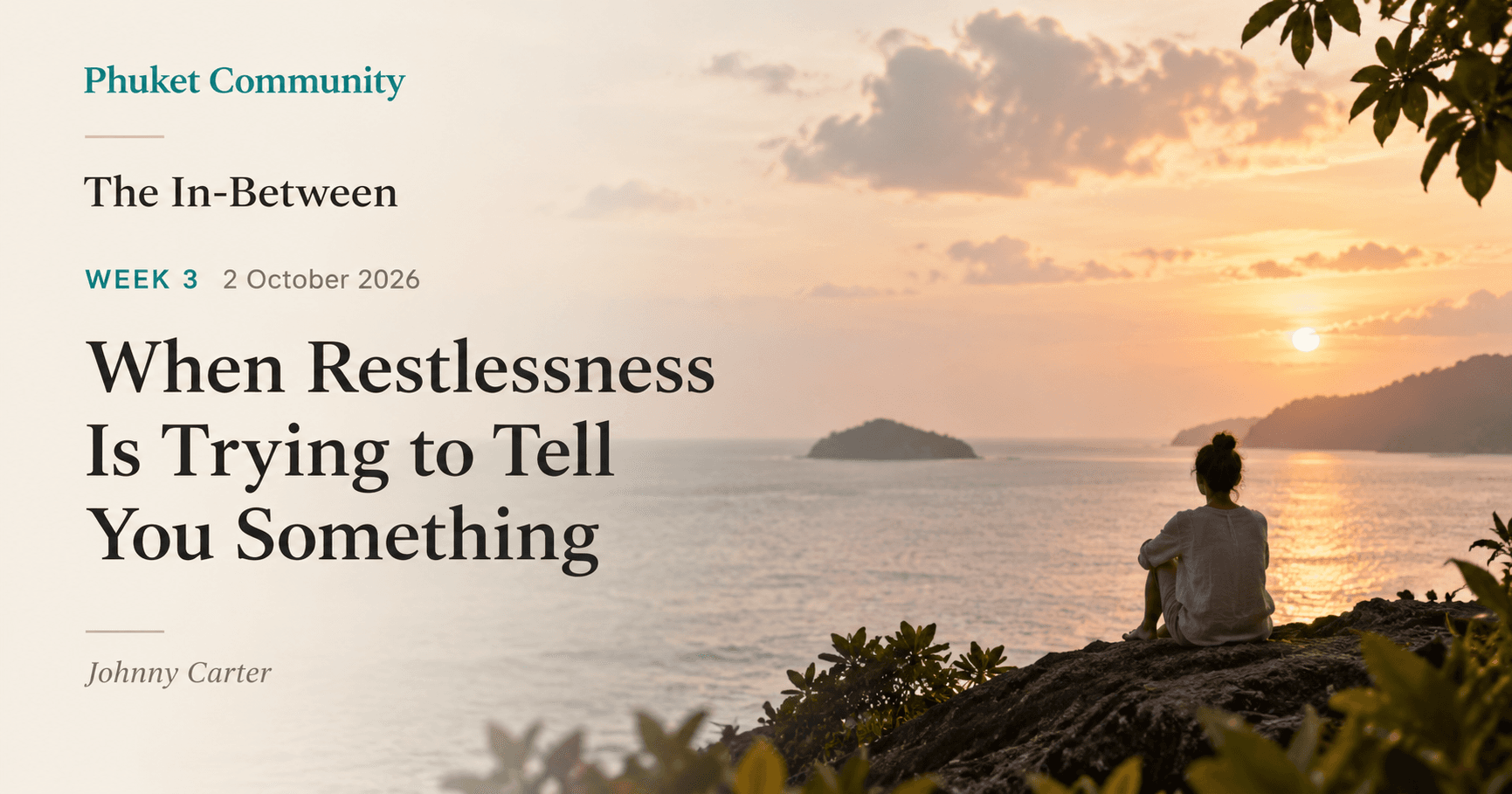 A woman sitting on a rocky viewpoint overlooking the Andaman Sea at sunset, with islands in the distance