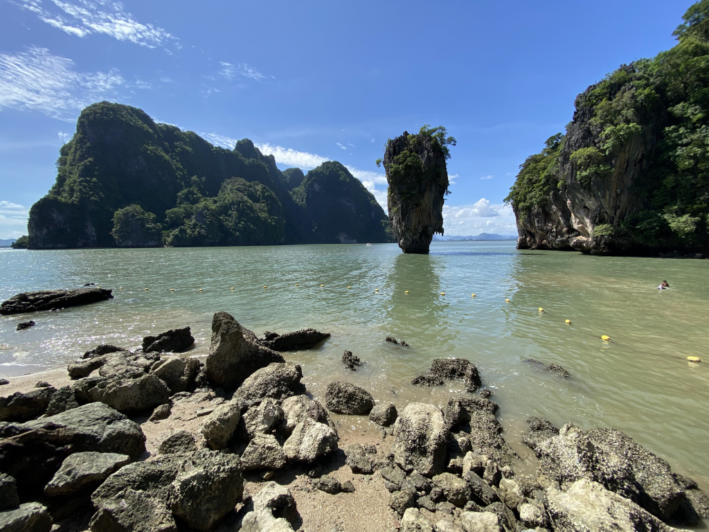 Scenic view of James Bond Island’s limestone karst rising from emerald waters in Phang Nga Bay, a highlight of island hopping from Phuket.