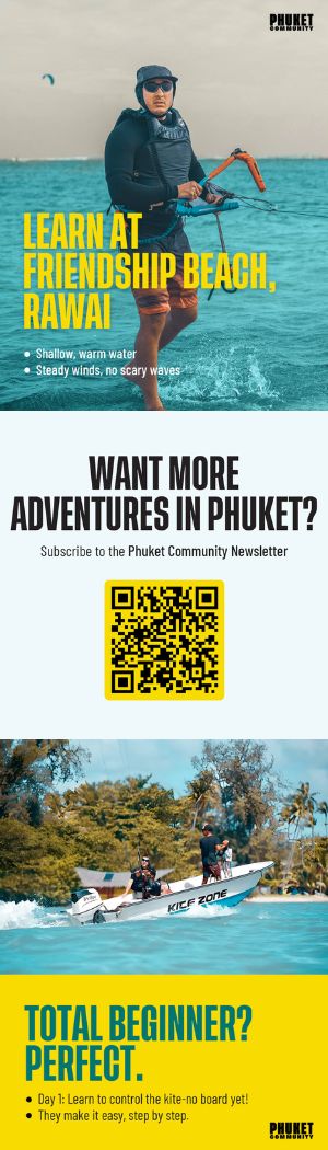 Promotional banner for learning kitesurfing at Friendship Beach, Phuket, with a QR code to subscribe to the Phuket Community newsletter