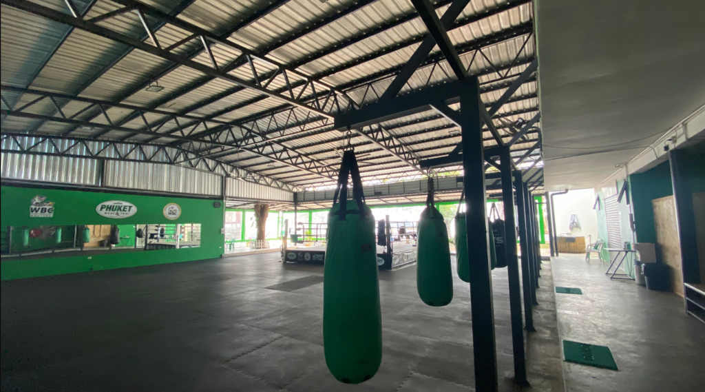 Phuket Muay Thai gym in Phuket with green heavy bags and boxing ring in open-air facility